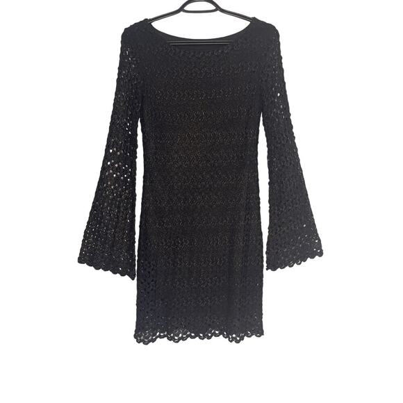 Jodi Kristopher Blk/Gold Metallic Crochet Bell Long Sleeve Women's Medium Dress - Picture 1 of 6